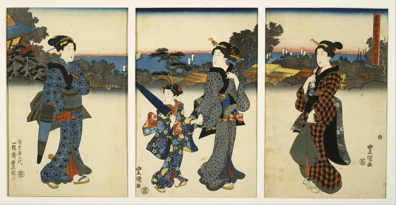 Kurtisaanit kävelyllä meren rannalla tekijältä Utagawa Kunisada