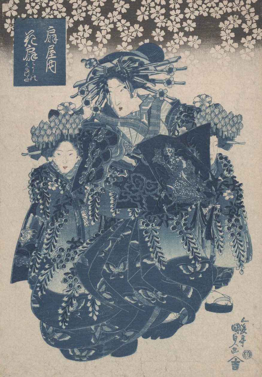 "Ogiyan Hanaogi, Kamuro Yoshino ja Tatsuta" sinisellä painetusta kurtisaanisarjasta. tekijältä Utagawa Kunisada