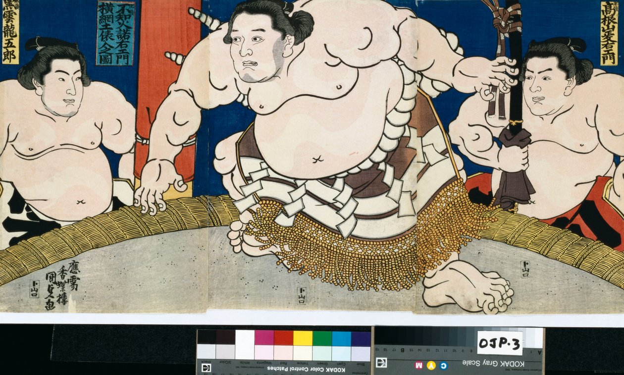 Kuva suurmestarin Shiranui Dakuemonin Dohyo-Iristä, julkaisija Yamaguchiya Tobie tekijältä Utagawa Kunisada