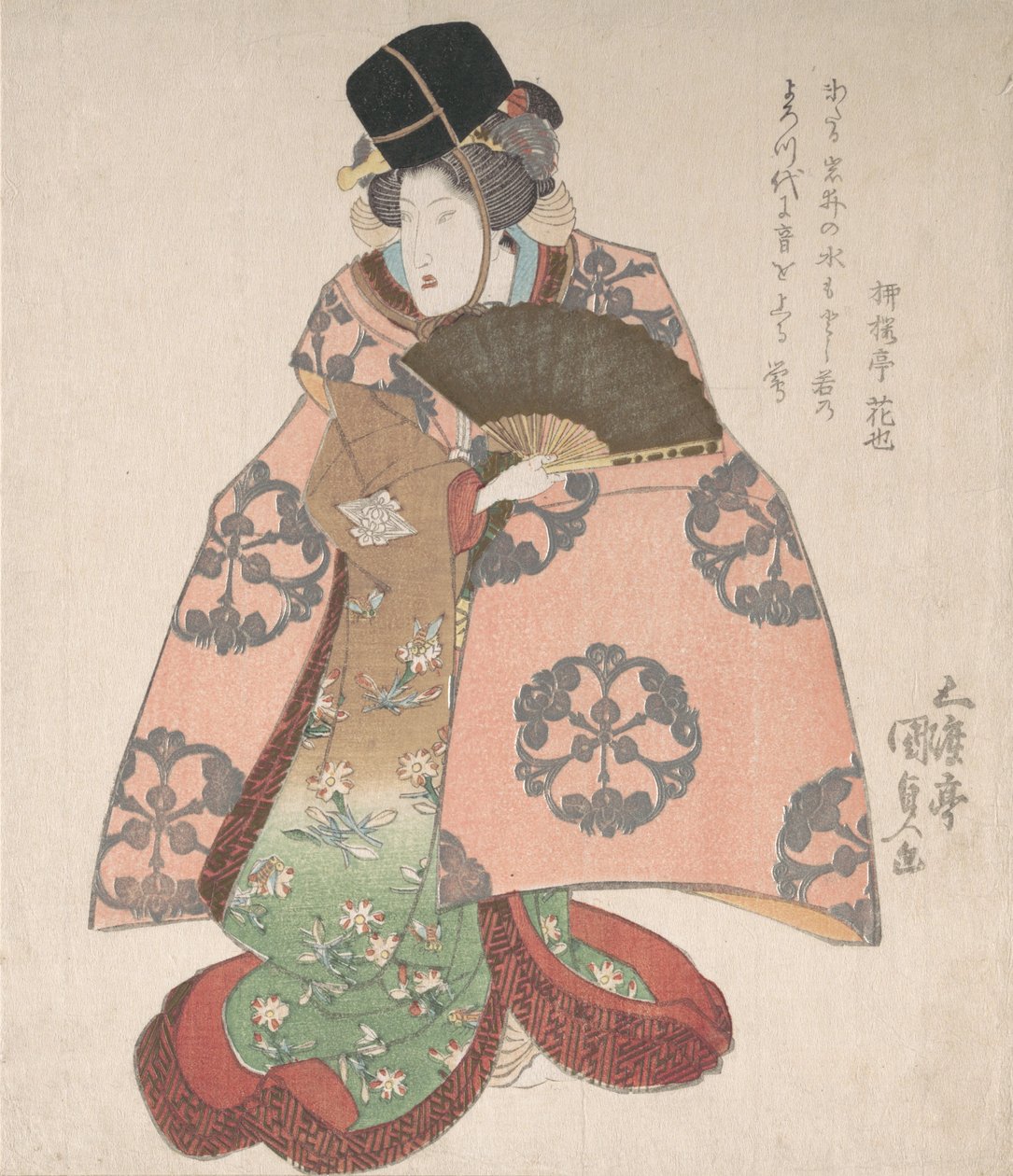 Kabuki näyttelijä naisroolissa seisomassa tuulettimen kanssa, 1800-luku, 1800-luku. tekijältä Utagawa Kunisada