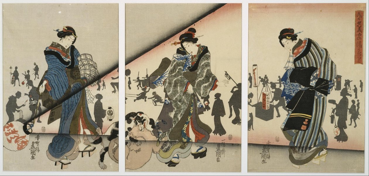Yökohtaus, jossa on tyttöjä, eläimiä ja lyhtyjä tekijältä Utagawa Kunisada
