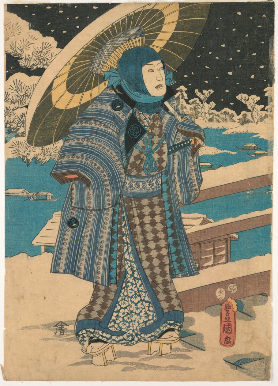 Osa triptyykkiä: mies aurinkovarjoineen tekijältä Utagawa Kunisada