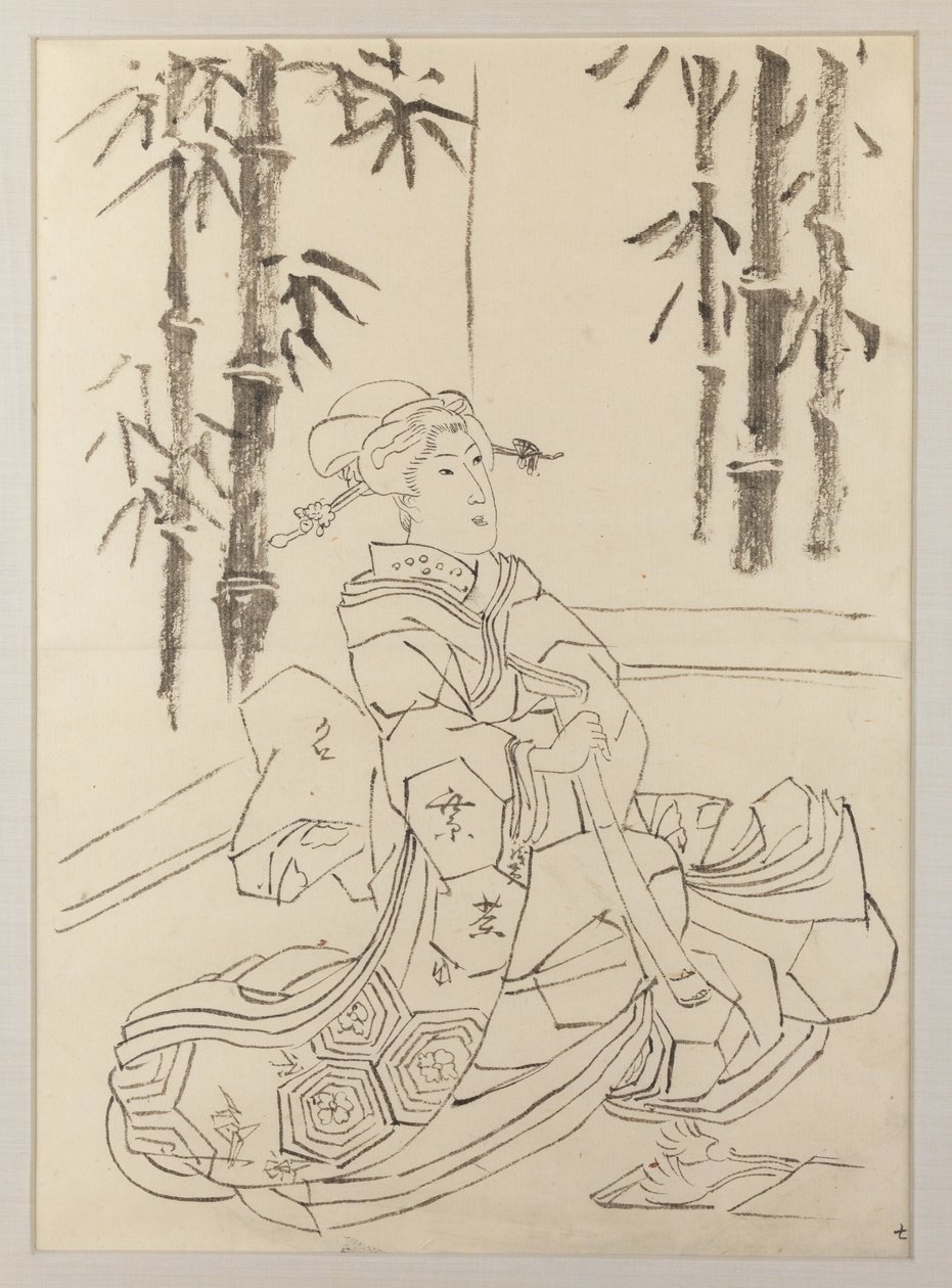 Valmistelupiirros triptyykin Tyttöjen elegantti soitintrio vasenta lehteä varten tekijältä Utagawa Kunisada