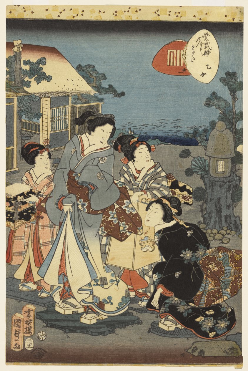 Kohtaus Madame Murasakin tarinasta Genjistä, 1856 tekijältä Utagawa Kunisada