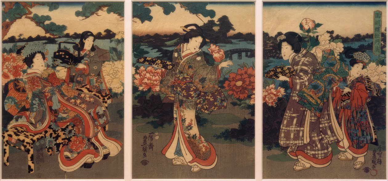 Perhosia ja pioneja tekijältä Utagawa Kunisada