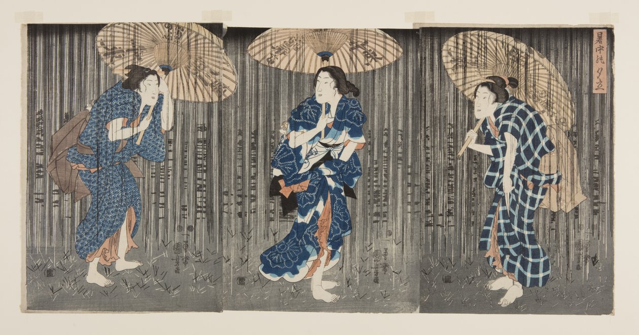 Äkillinen suihku kesähelteellä (Shochu no yudachi) (värillinen puupalikkapainatus) tekijältä Utagawa Kunisada