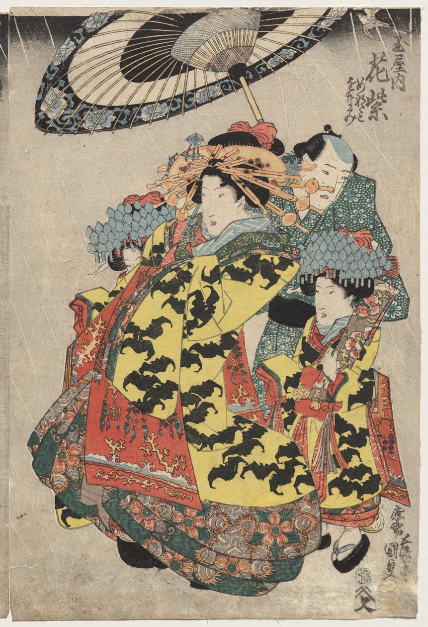 Tamain kurtisaanit Hanmurski ja Koshikibu Promending in the Rainissa tekijältä Utagawa Kunisada