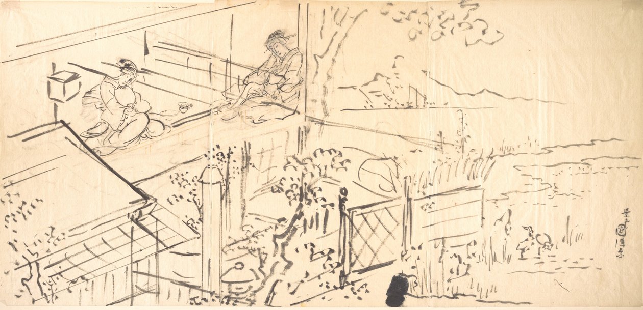 Kaksi kurtisaania nauttimassa näkymistä teehuoneesta tekijältä Utagawa Kunisada
