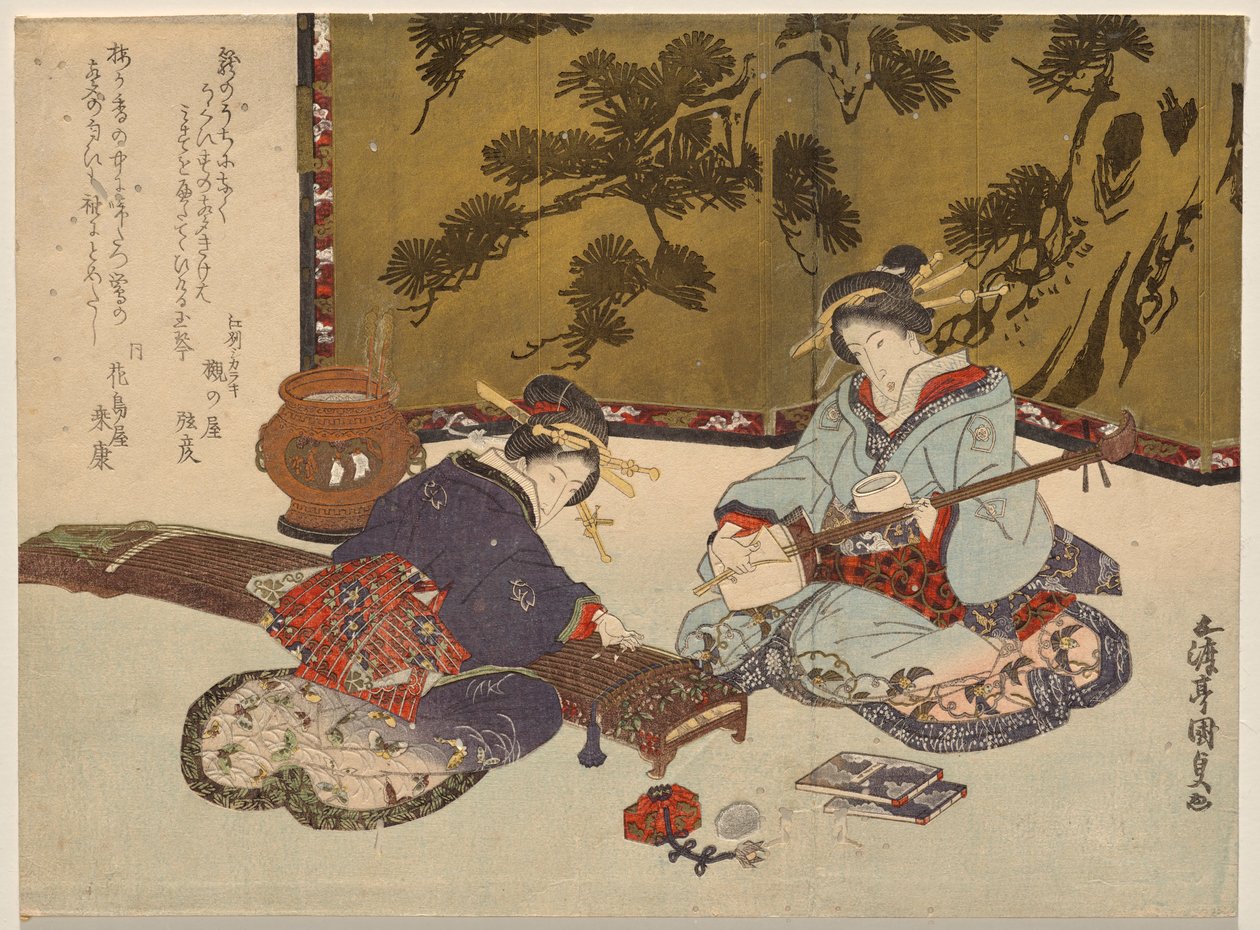 Kaksi kurtisaania soittamassa soittimia tekijältä Utagawa Kunisada