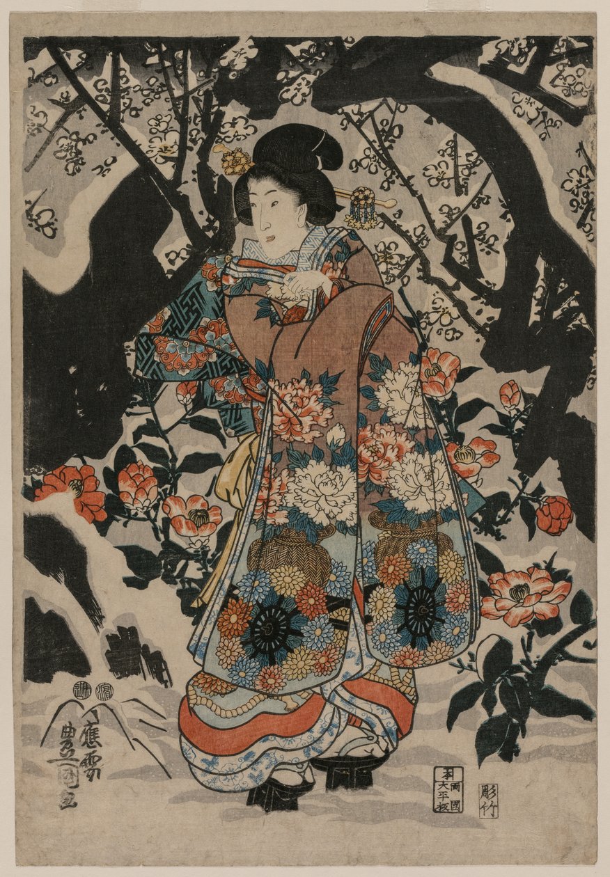 Nainen seisoo luumupuun vieressä, c. 1850. tekijältä Utagawa Kunisada