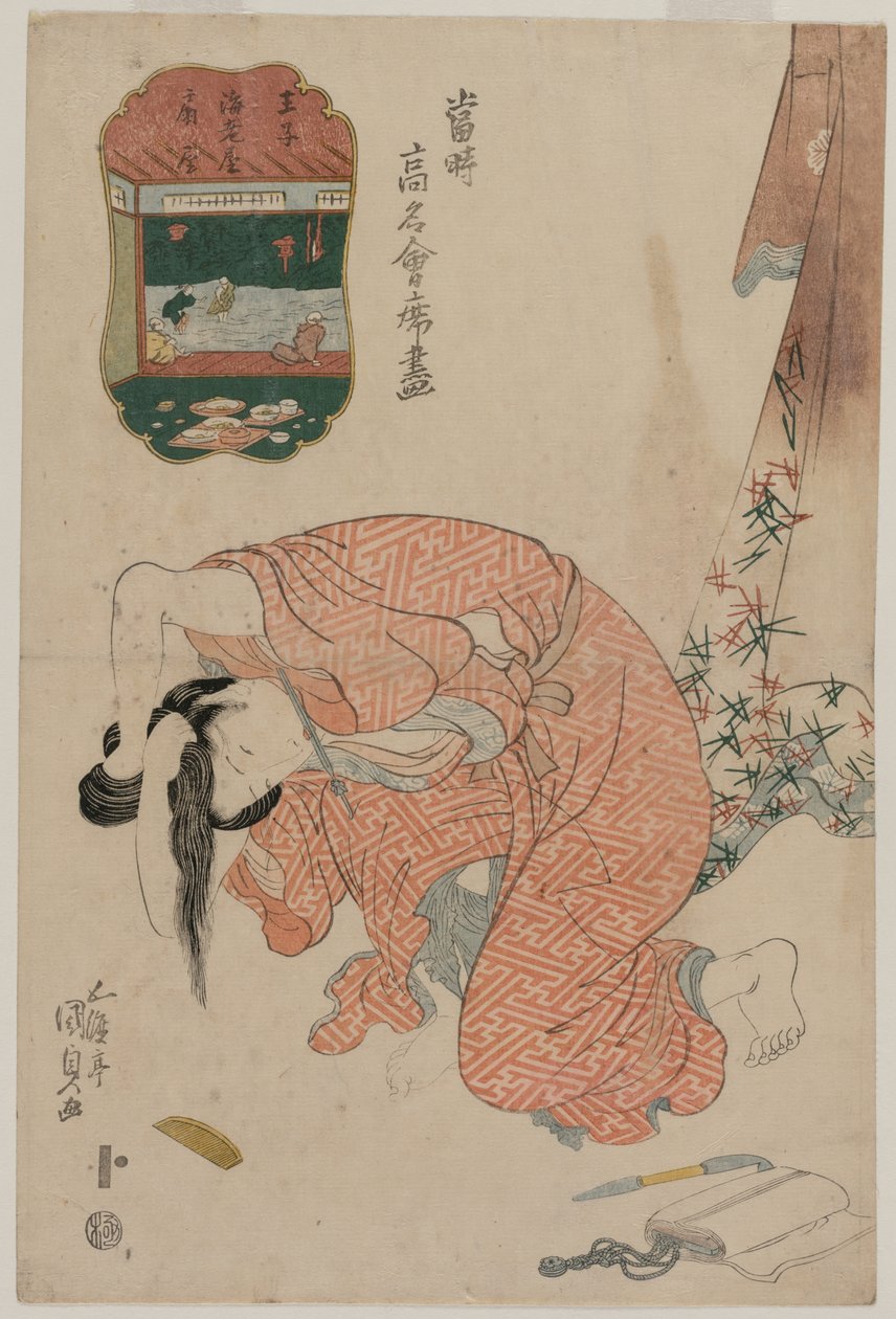 Nainen, joka sitoo hiuksiaan (sarjasta ”Nykypäivän kuuluisat ravintolat”) tekijältä Utagawa Kunisada