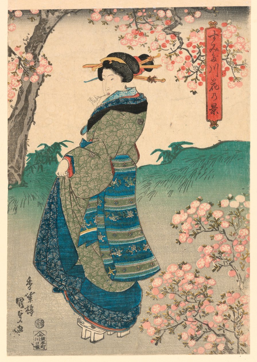 Nainen katselemassa kirsikankukkia Sumida-joen rannalla (Sumidagawa hana no kei) tekijältä Utagawa Kunisada