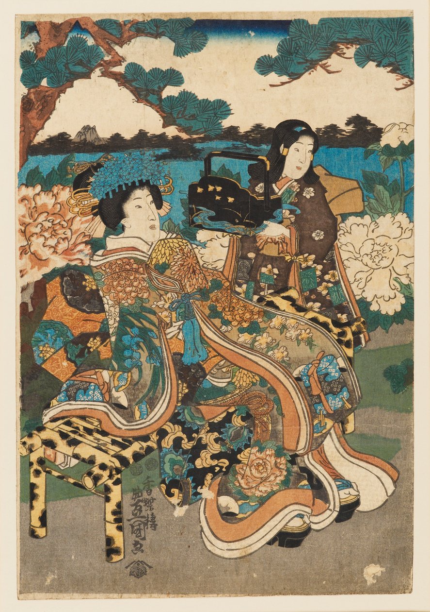 Puupalikkaprintti - Kurtisaani ja piika, 1786-1865 tekijältä Utagawa Kunisada
