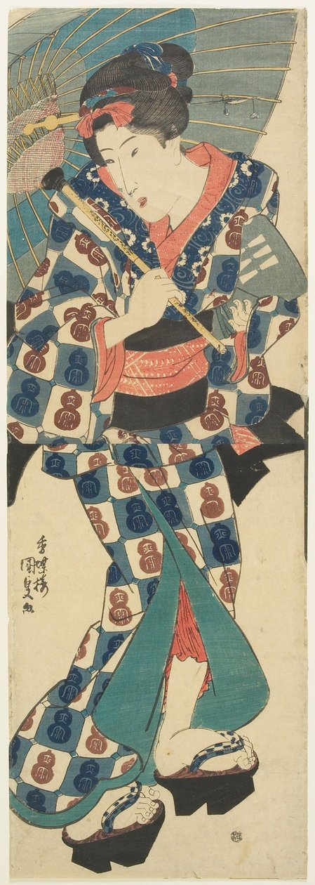Junges Mädchen mit Regenschirm tekijältä Utagawa Kunisada