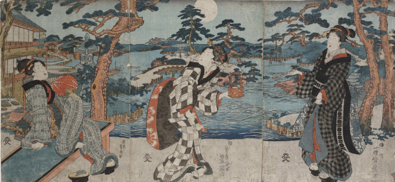 Vapaa-ajan nauttiminen ravintolassa ennen asiakkaiden vastaanottamista, 1800-luvun alkupuoli–puoli (väripuupiirros (triptyykki)) tekijältä Utagawa Kunisada III