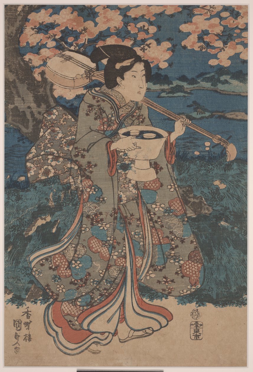 Kirsikankukkien katselujuhliin menossa (värillinen puupiirros) tekijältä Utagawa Kunisada III