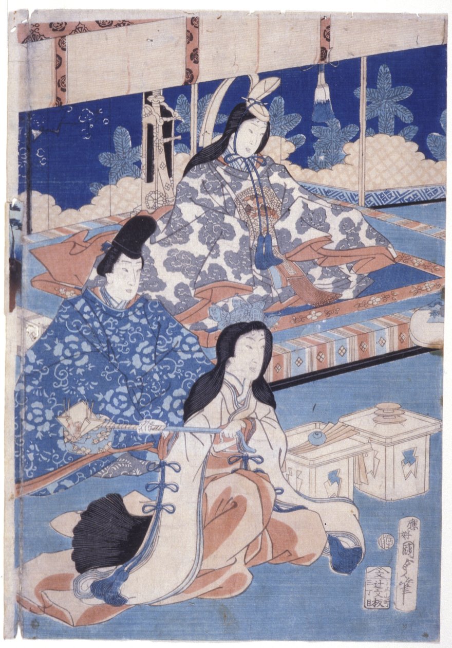 Kevät toivottaa tervetulleeksi kukkaistuimella (Hana Soroi Haru No Taimen) (värillinen puupainatus) tekijältä Utagawa Kunisada II