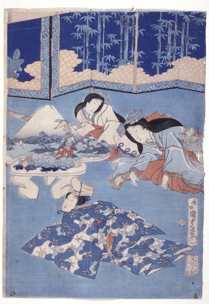 Kevät toivottaa tervetulleeksi kukkaistuimella (Hana Soroi Haru No Taimen) (värillinen puupainatus) tekijältä Utagawa Kunisada II