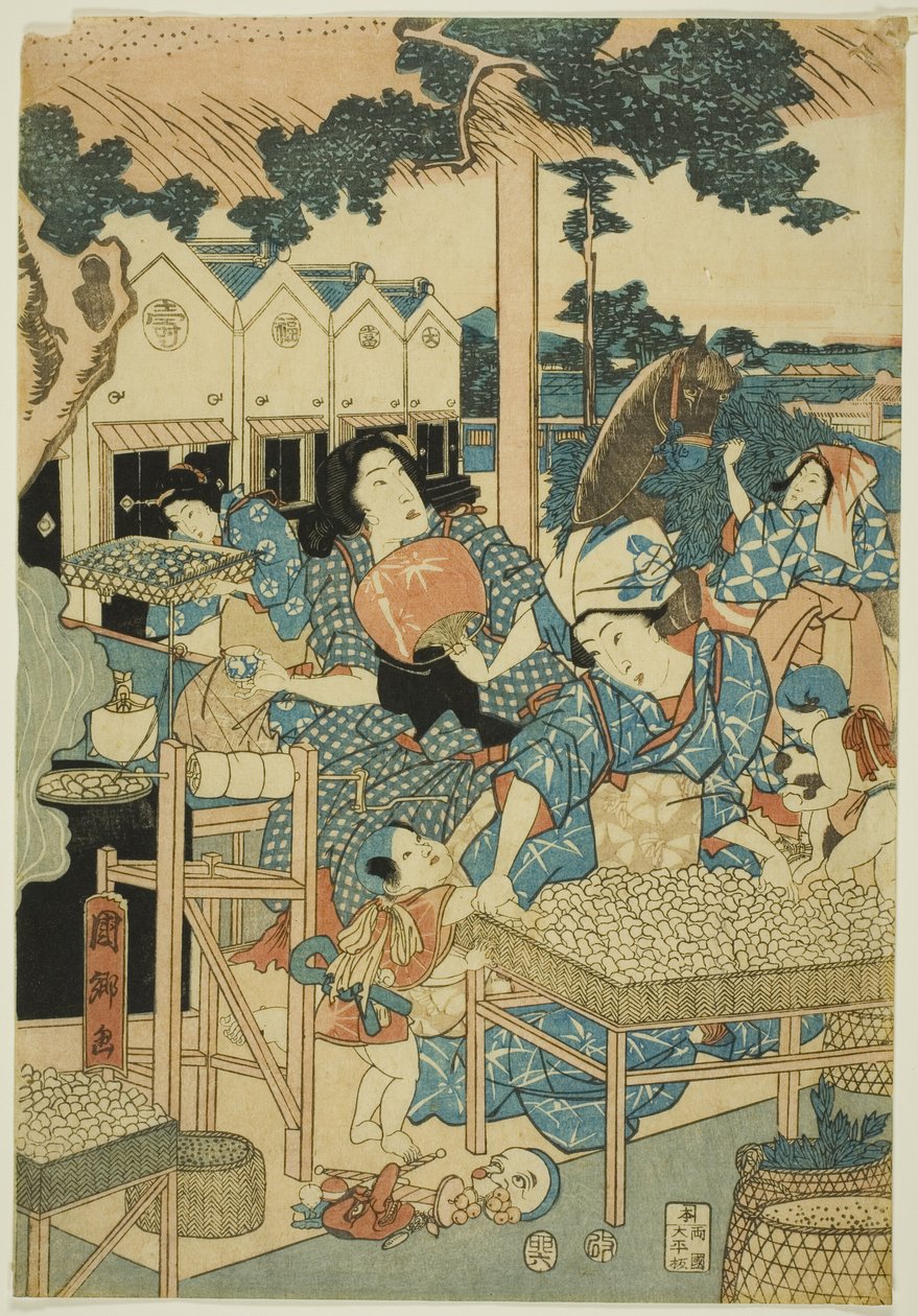 Suuri vauraus silkkitilalla (Kaikoya Daihanjono Zu) tekijältä Utagawa Kunisato