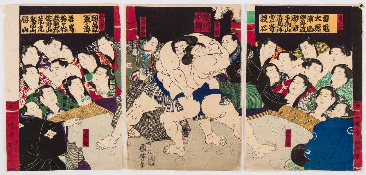 Sumopainien taistelu. Utagawa Kuniteru (1808-1876) - Sumopainijat, kirjoittanut Kuniteru, Utagawa (1808-1876). Värillinen puupiirros. Yksityinen kokoelma tekijältä Utagawa Kuniteru