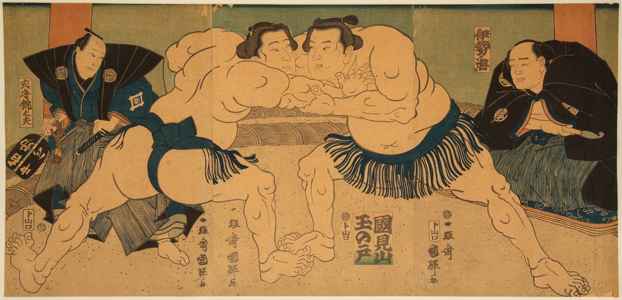 Sumopainit taistelevat, Tagasugo vs. Ayusegawa. Utagawa Kuniterun (1808-1876) vedos tekijältä Utagawa Kuniteru