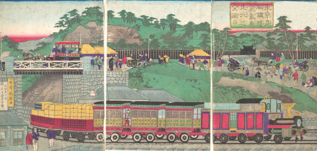 Kuva höyryveturista, joka kulkee Takanawa-rautatiellä Tokiossa Tokion ta..., n. 1873. tekijältä Utagawa Kuniteru