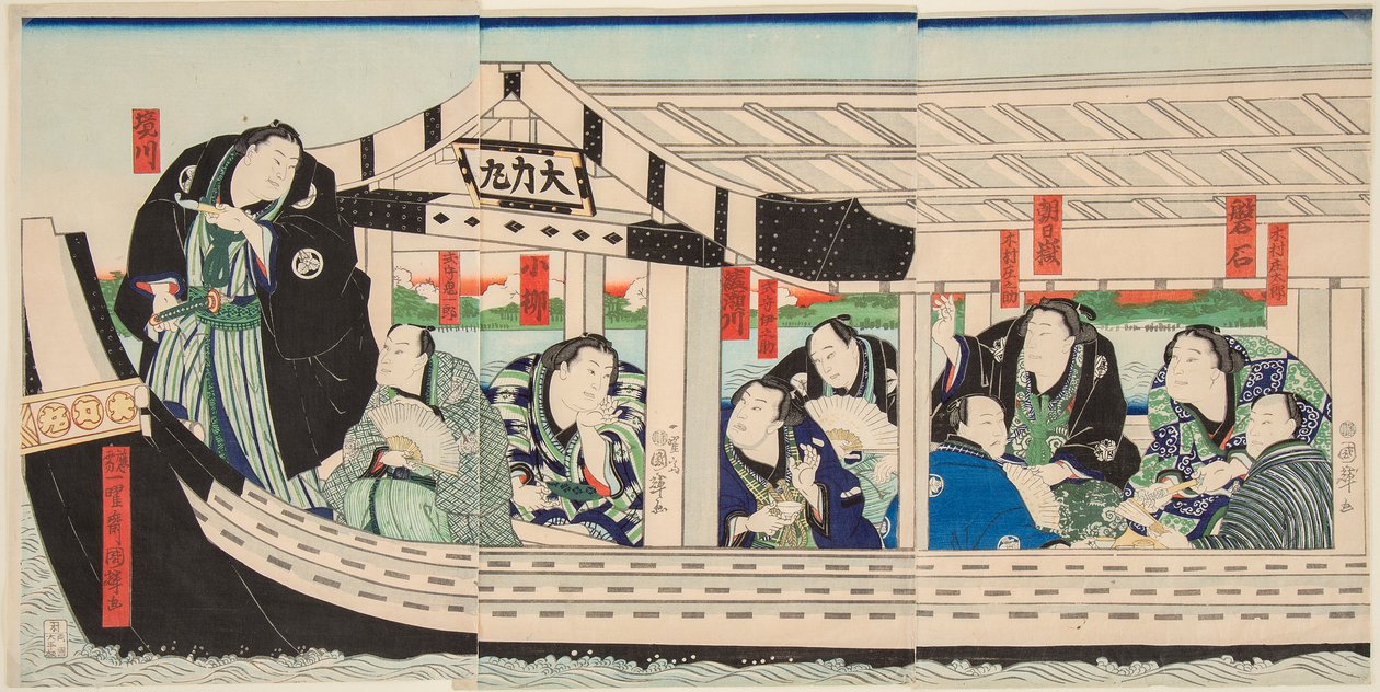 Sumopaini Dairiki Maru veneessä ystävien kanssa. Painos Utagawa Kuniteru (1808-1876) tekijältä Utagawa Kuniteru