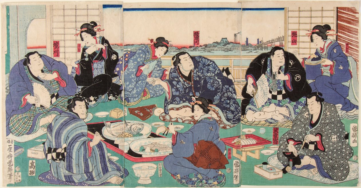 Sumopaini Sakaigawa Namiemon (vasemmalla) muiden painijoiden ja geishojen kanssa juhlaaterialla. Painos Kuniteru, Utagawa (1808-1876) tekijältä Utagawa Kuniteru
