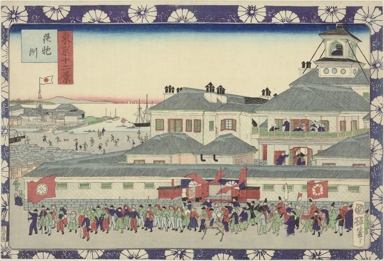 Tsukiji-hotellin sisäänkäynti Teppozu (otsikko esineessä) Kaksitoista näkymää Tokiosta (sarjan nimi) Tokyo Jun Kei (sarjan nimi esineellä) tekijältä Utagawa Kuniteru II