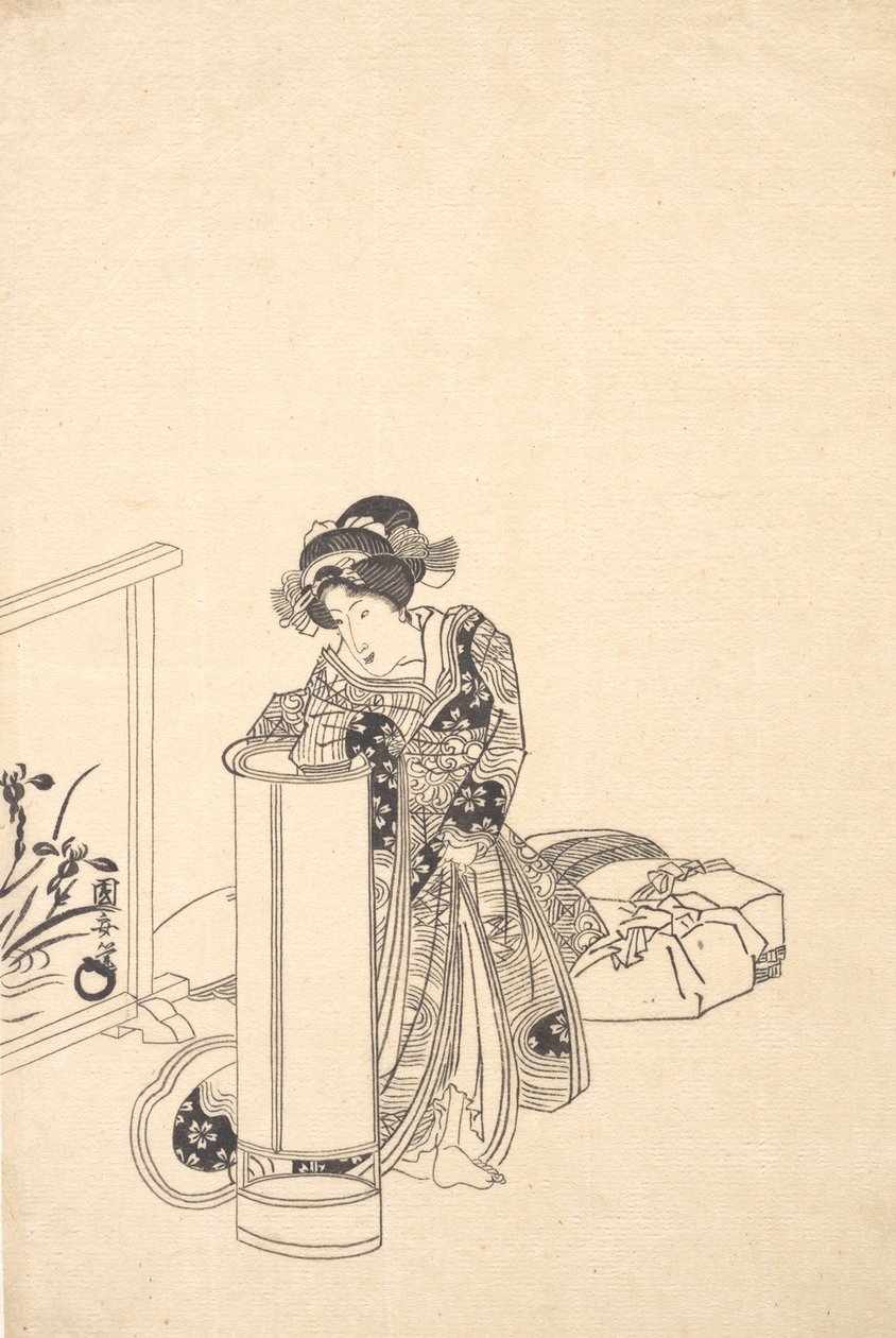 Nuori nainen nojaa korkean lampun yli. tekijältä Utagawa Kuniyasu
