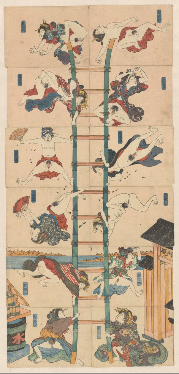 Kahdentoista koban Shungan sarja prostituoitujen kanssa akrobaattisten palomiesten roolissa tekijältä Utagawa Kuniyoshi (school of)
