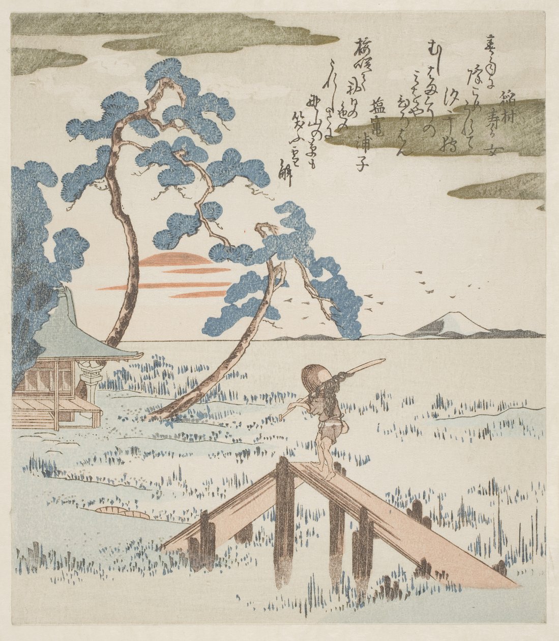 Maanviljelijä ylittää kävelysillan tekijältä Utagawa Kuniyoshi