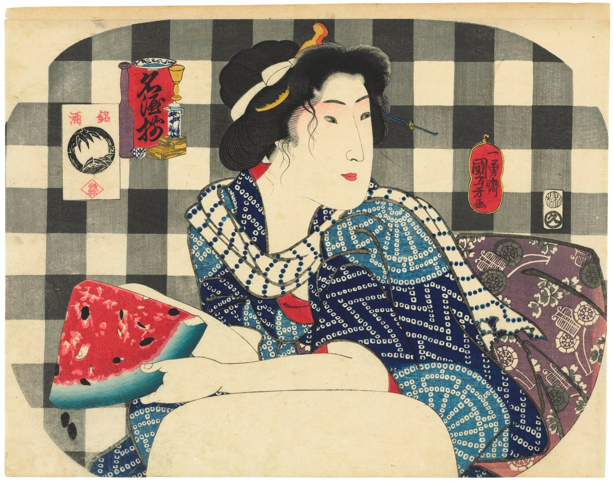 Nainen pitelee siivu vesimelonia sarjasta Famous Brands of Sake (Meishu zoroi) tekijältä Utagawa Kuniyoshi