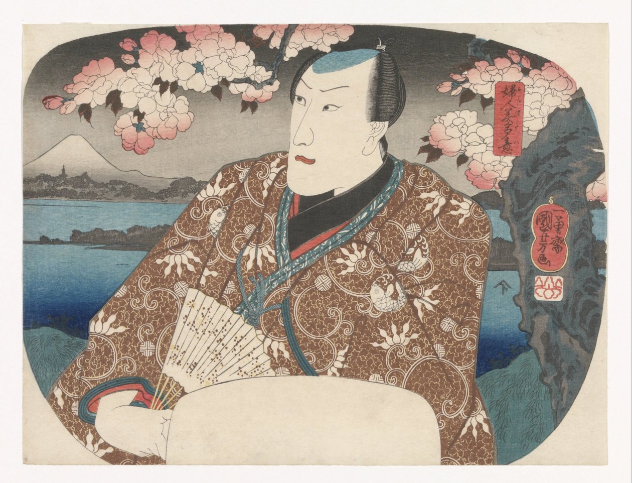 Näyttelijä tuulettimen kanssa kirsikankukan alla tekijältä Utagawa Kuniyoshi
