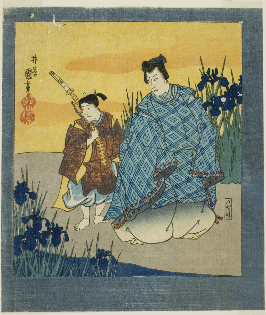 Näyttelijä Ichikawa Danjuro VIII Narihira Yatsuhashin roolissa elokuvasta "Kuusi kuvaa kuuluisista kuvista (Meiga rokushi byobu)". tekijältä Utagawa Kuniyoshi