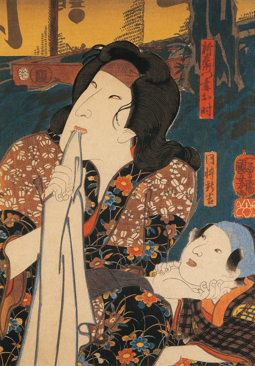 Näyttelijä mietteliässä asennossa lapsen vieressä, Utagawa Kuniyoshi, puupiirros tekijältä Utagawa Kuniyoshi