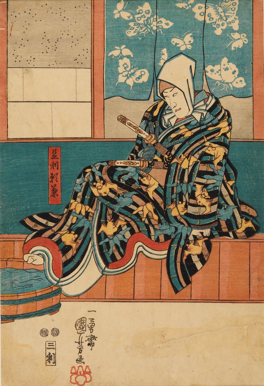 Näyttelijä istuu lavan reunalla, 1798-1861 tekijältä Utagawa Kuniyoshi