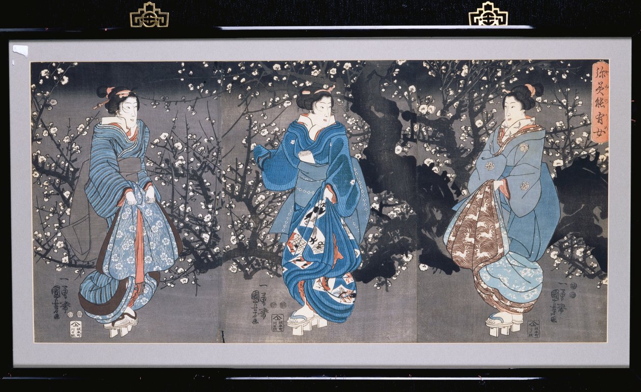 Oban-triptyykki, joka kuvaa yökohtausta kolmen Bijinin kanssa tekijältä Utagawa Kuniyoshi