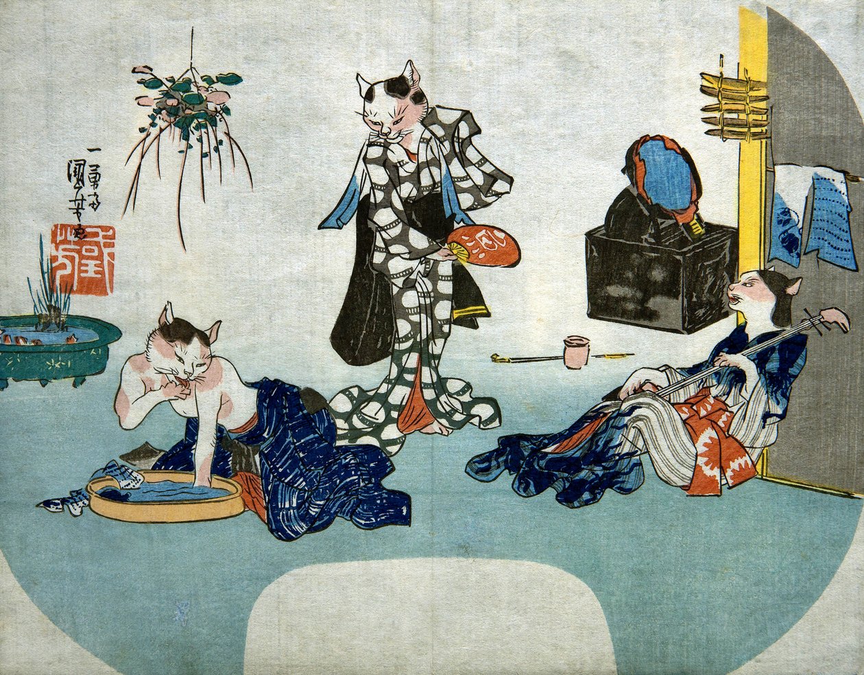 Antropomorfiset kissat rentoutumassa kesällä, n. 1842 tekijältä Utagawa Kuniyoshi