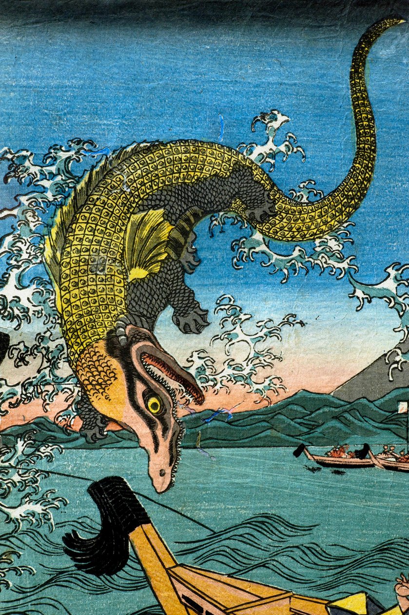 Asahina Yoshihiden taistelu kahden krokotiilin kanssa meressä Kamakura Kotsubon edustalla tekijältä Utagawa Kuniyoshi
