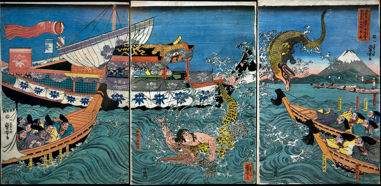 Asahina Yoshihiden taistelu kahden krokotiilin kanssa meressä Kamakura Kotsubon edustalla tekijältä Utagawa Kuniyoshi