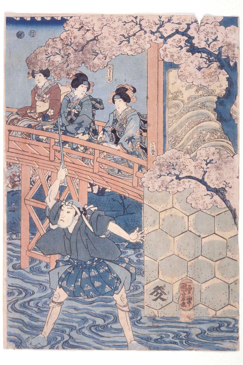 Bandō Hikosaburō IV Ashikaga Yoshimasan roolissa ja Ichikawa Kodanji IV Asakura Tōgon roolissa kabuki-näytelmästä "Higashiyama sakura sōshi" tekijältä Utagawa Kuniyoshi