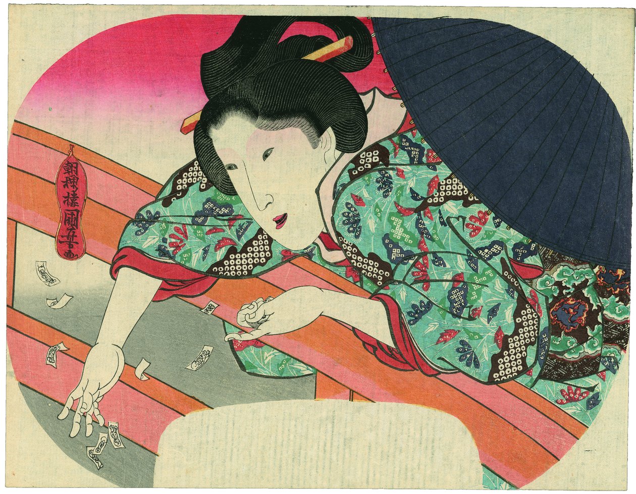 Kaunotar pudottaa Jizō-rukouslappuja Sumidajokeen rauhoittaakseen hukkuneiden henget tekijältä Utagawa Kuniyoshi