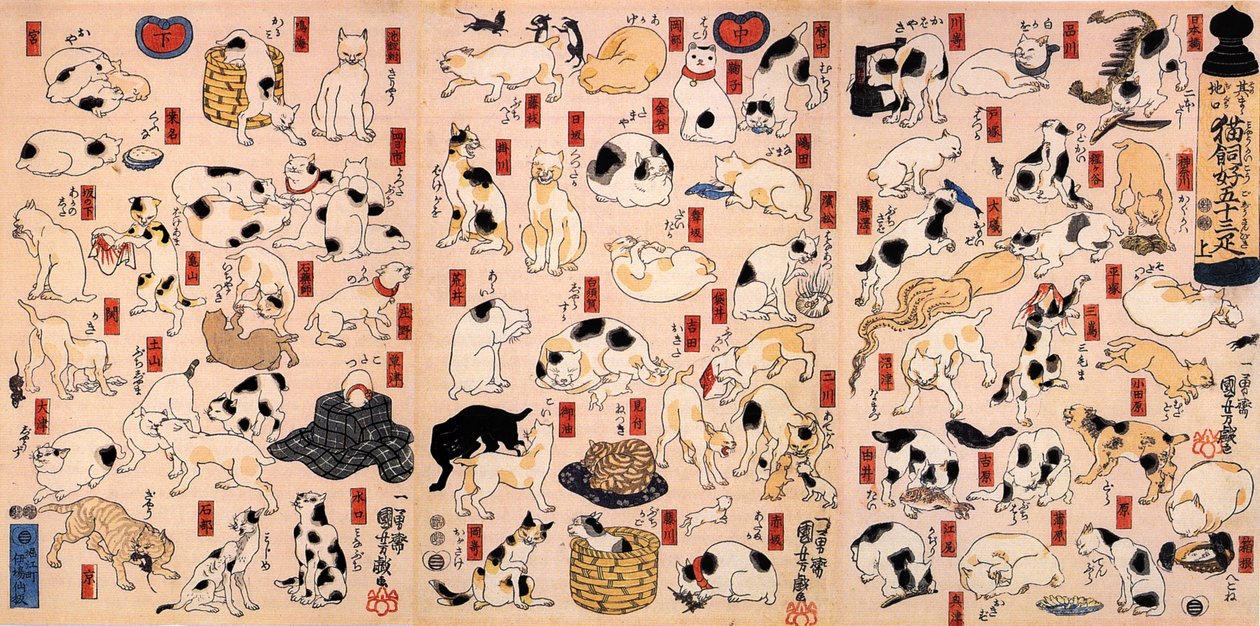 Kissat. Sarjasta 53 asemaa Tokaido-triptyykkiä, noin 1848 tekijältä Utagawa Kuniyoshi