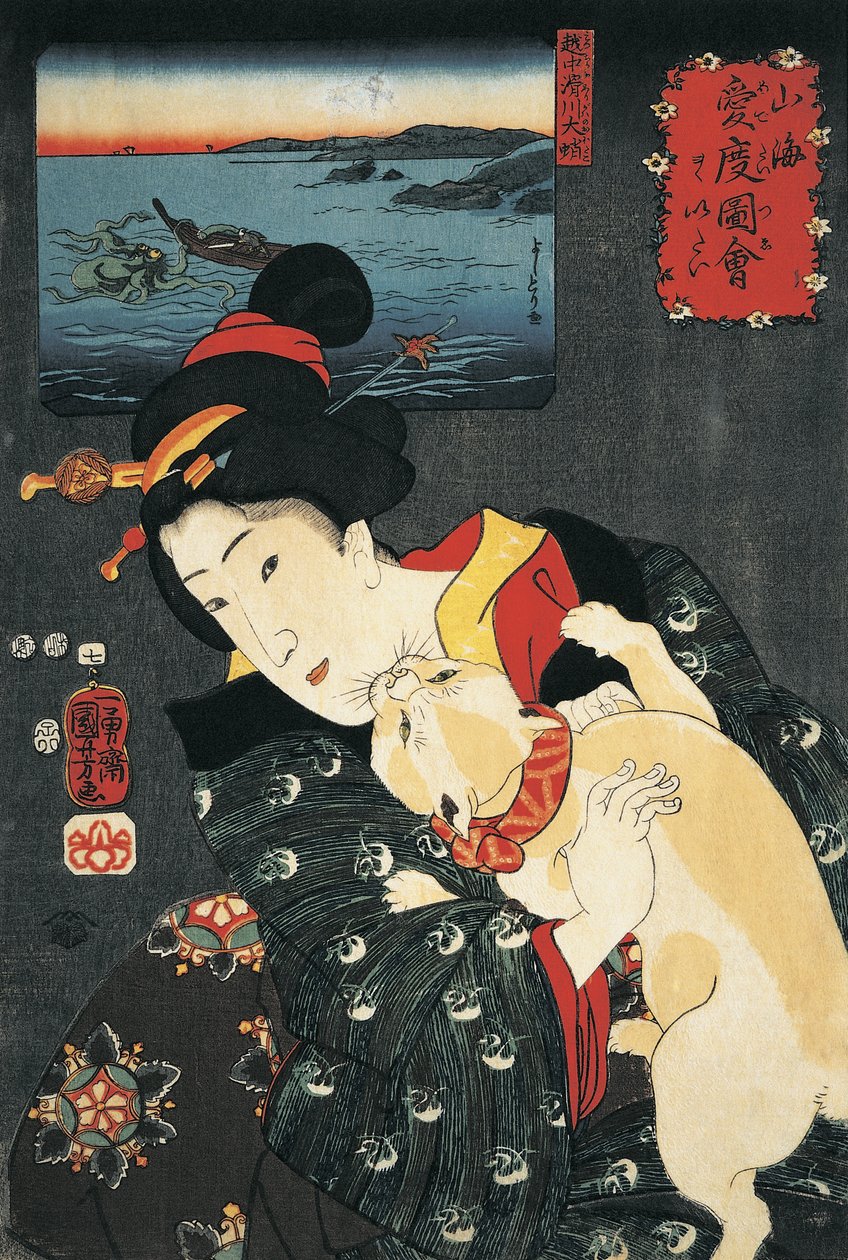 Lähikuva nuoresta naisesta kissa sylissään tekijältä Utagawa Kuniyoshi