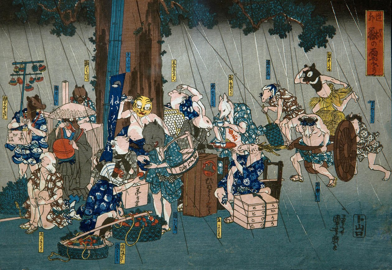Sarjakuvaeläimet, jotka turvautuvat sateelta (Dōke kemono no amayadori), n. 1842 tekijältä Utagawa Kuniyoshi