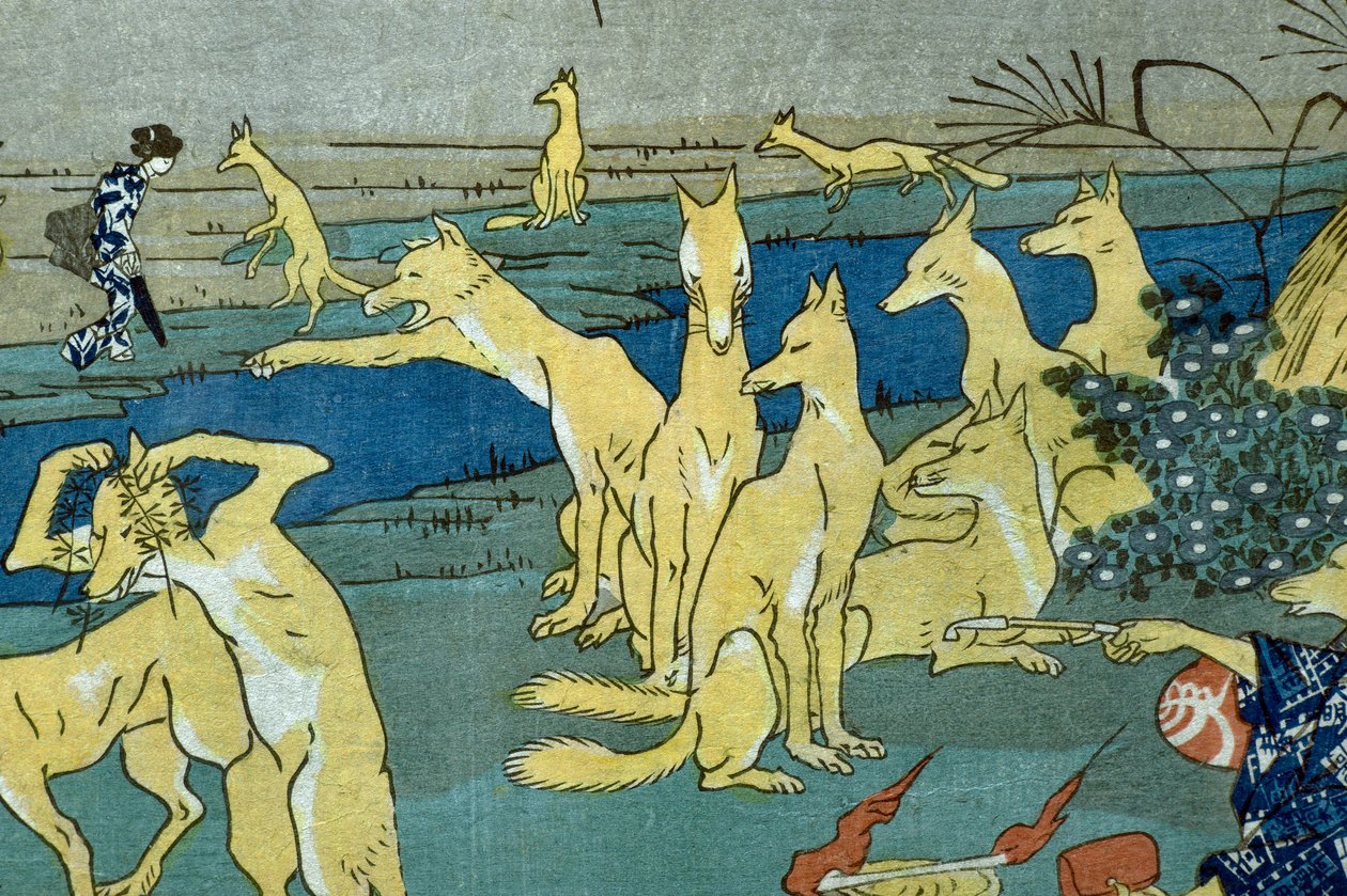 Sarjakuvaketut harjoittelevat muodonmuutosta (Dōke kitsume henge no keiko), n. 1842 tekijältä Utagawa Kuniyoshi