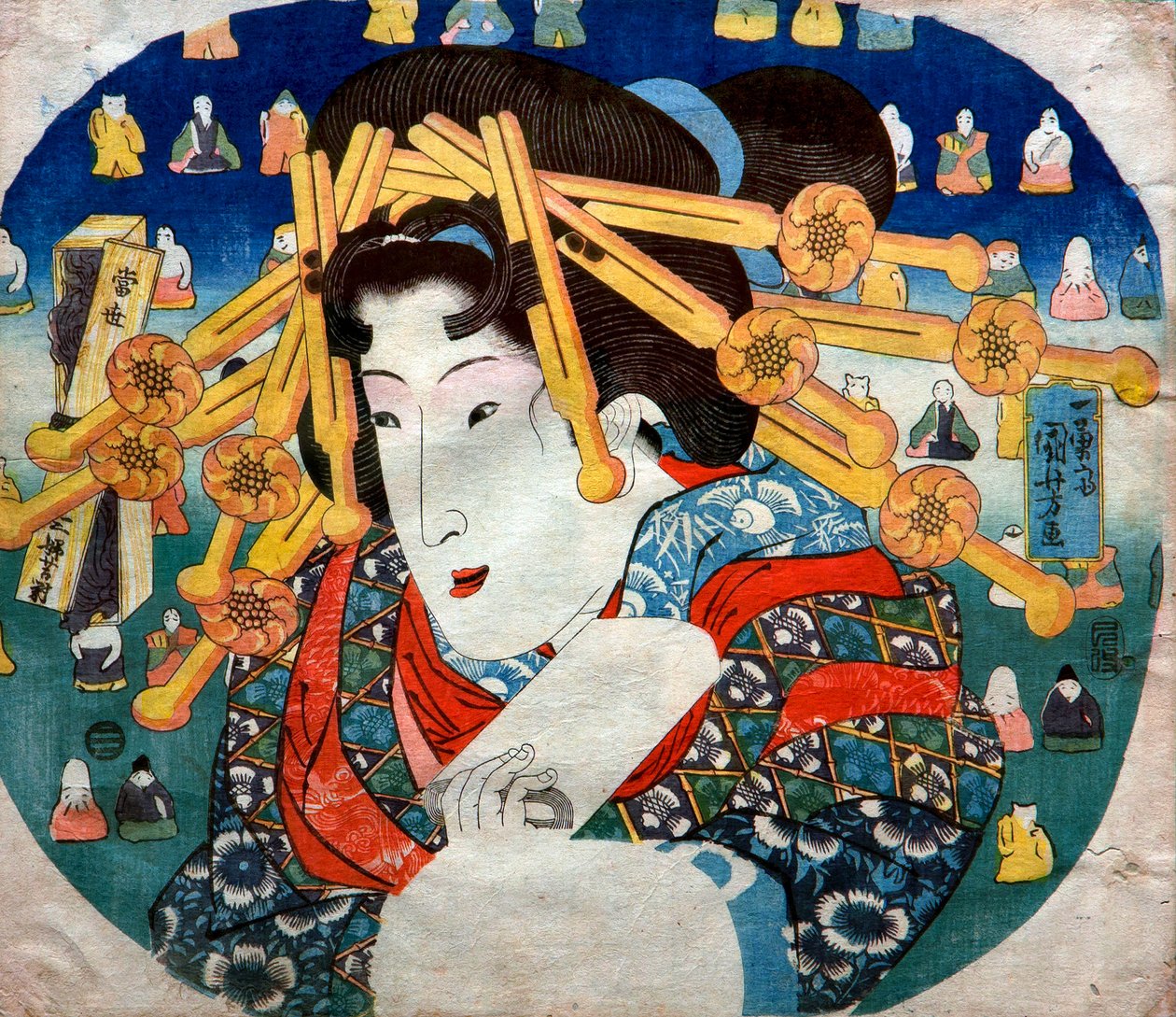 Kurtisaanisarja: Nykyaikaiset kolme vaikeutta naisille (Tōsei sanpukutsui), n. 1833 tekijältä Utagawa Kuniyoshi