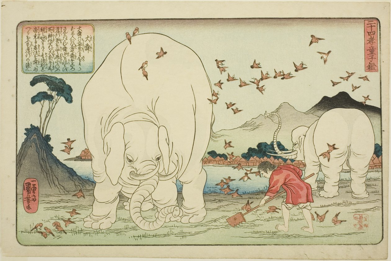 Dashun (Taishun), sarjasta "Twenty-4 Paragons of Filial Paty as a Mirror for Children (Nijushiko doji kagami)" tekijältä Utagawa Kuniyoshi