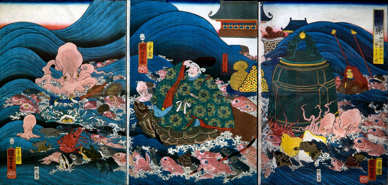 Lohikäärmepalatsi Lohikäärmekuningas antaa kolme lahjaa Tawara Tōda Hidesatolle (Rygūjō) tekijältä Utagawa Kuniyoshi